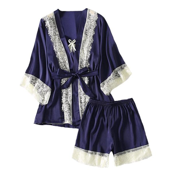 

batwing sleeve summer lace soft v-neck sleepwear strappy 3pcs pajamas nightwear suit charming, Blue;gray