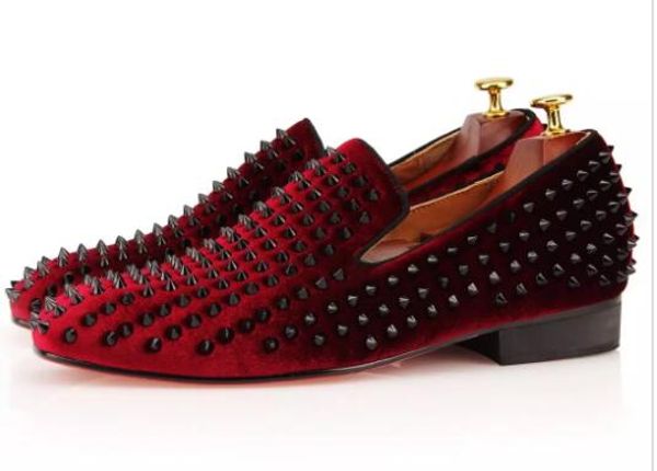 

wine red spikes red bottoms loafers burgundy velvet slippers studded studs casual shoes wedding men's dress shoes genuine leather flats, Black