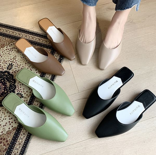 

low square toe shoes womens slippers outdoor pantofle slides fashion female mule 2020 cover flat luxury mules pu retro rome, Black