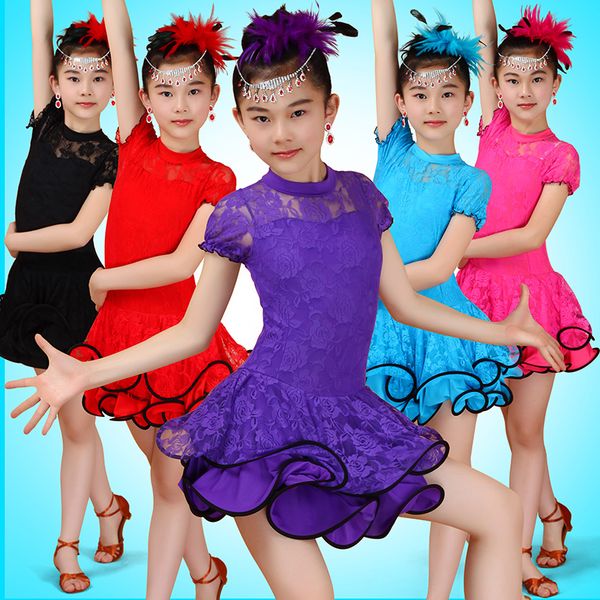 

lace girl latin dance dress for girls latin dance costumes children ballroom dresses kids salsa cha cha competition dress, Black;red