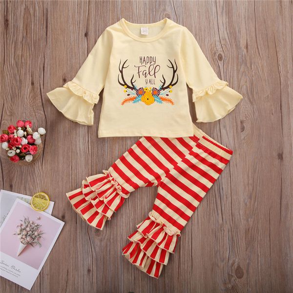 

newborn kids baby girls christmas clothes letter print round neck pullover t-shirts striped ruffle pants 2pc toddler outfits, White