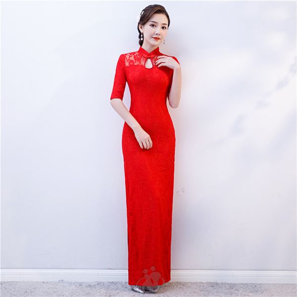 

chinese bride wedding dress toast clothing traditional lace cheongsam vintage women stage show gown oversize qipao 3xl 4xl, Red