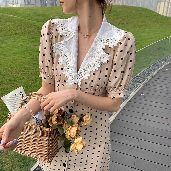 

casual dresses lace v-neck dress women summer puff sleeve single breasted button short mini above knee apricot polka dot outfit, Black;gray