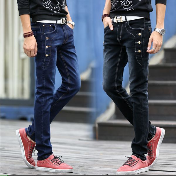 

spring and summer new black jeans men korean version slim feet straight tube long pants trend, Blue