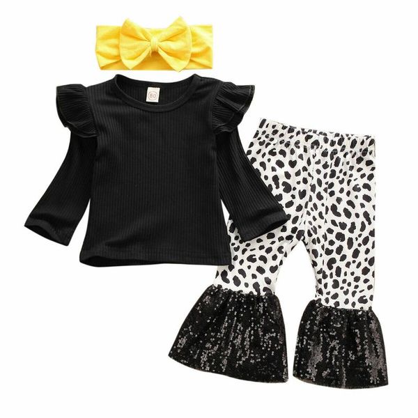 

3шт kid baby girl одежда с длинным рукавом футболки flare брюки bell bottom оголовье outfit set 0-4 лет, White