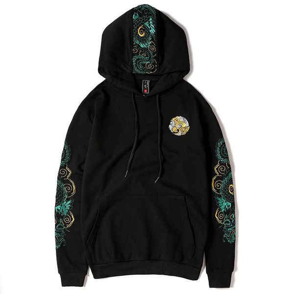 

fashion 2019 style dragon embroidery hoodies men 100%cotton fashion long sleeve black hoodie