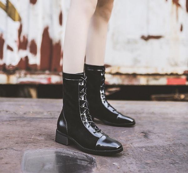 Comfortable 4cm Chunky Heel Short Boots Women Fashion Lace Up