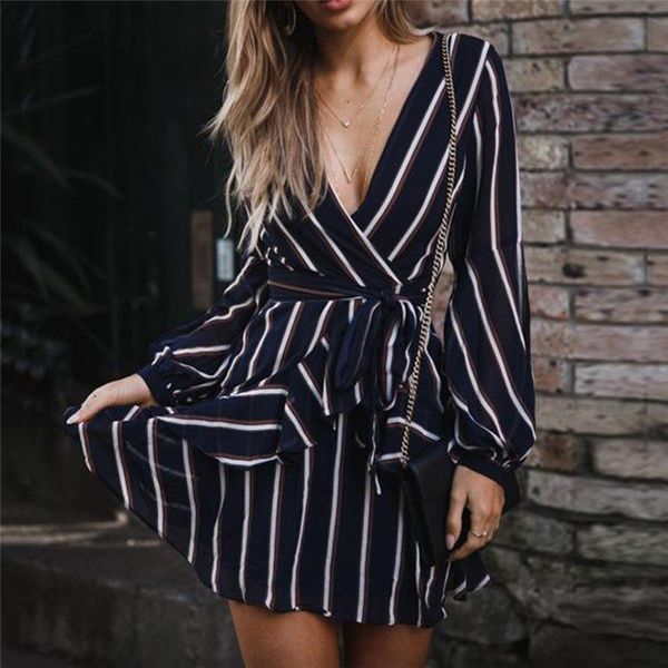 

women's v-neck dresses lantern sleeve casual striped dress feminine ruffle mini party dress vestidos dropship, Black;gray