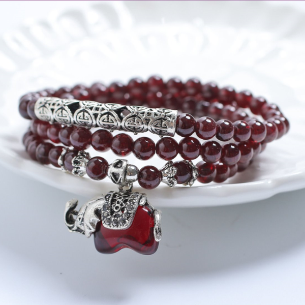 

trendy silver plated elephant connect garnet stone elastic bracelet for women inspiration jewelry, Black