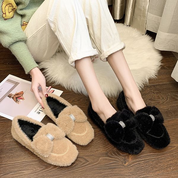 

new peas shoes female cute bow version plus velvet 2019 autumn and winter women's shoes comfortable flat u16-08, Black