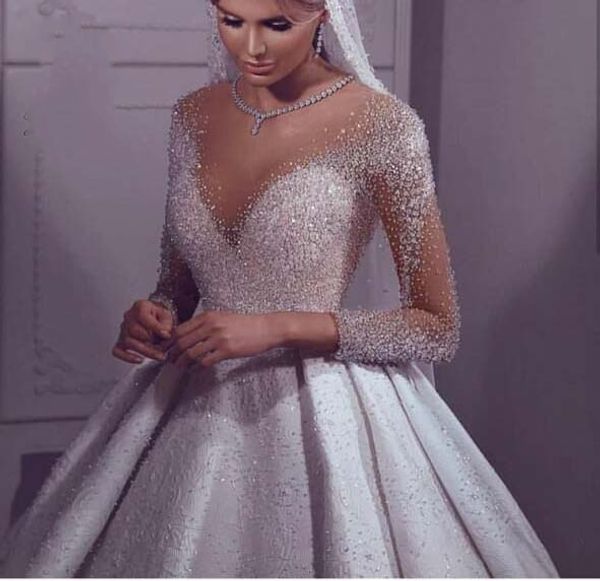 

luxury vestidos beaded crystals arabic wedding dress 2020 long sleeves dubai wedding gowns floor length robe de marie, White