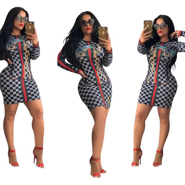 

women bodycon dresses women summer fashion printed casual long sleeve dresses womens fashion crew neck slim dress dnkk, Black;gray