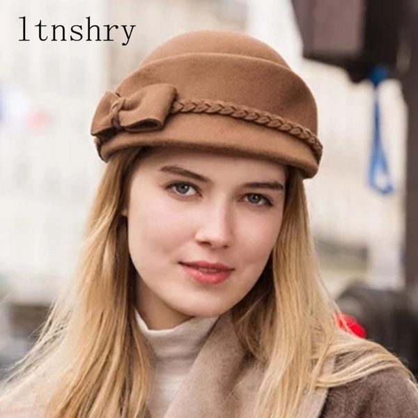 

new women 100%wool felt fedoras soild nice bow adorn round women hats autumn winter beret stewardess cap in black wine, Blue;gray