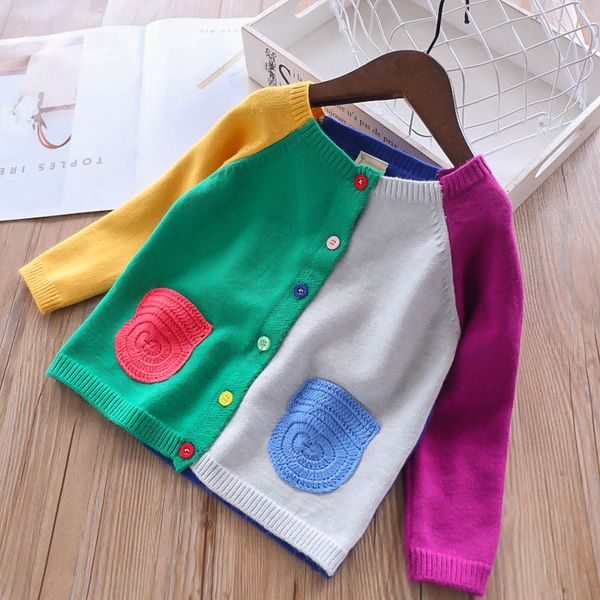 

girls cute cardigan spring baby girls sweater patchwork mix color pockets kids knitted cardigan sweater children knitted, Blue