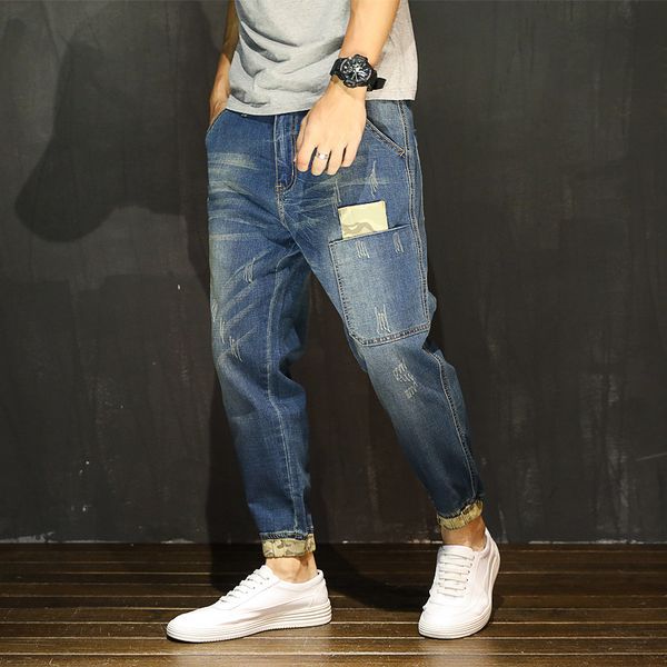 

fashion solid plus size ankle length jeans casual loose denim jeans pockets masculino, Blue
