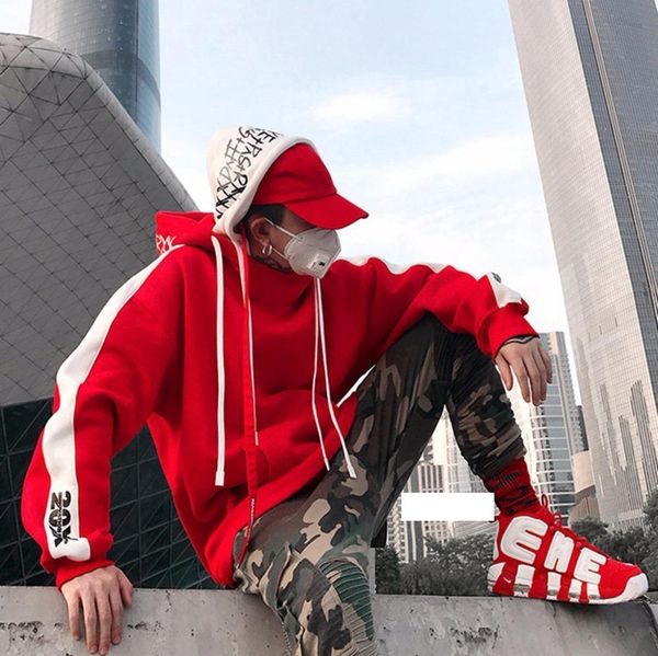 

2018 new bf oversize hoodie streetwear hip hop red black double hooded hoody mens hoodies and sweatshirts high street l160 s18101705
