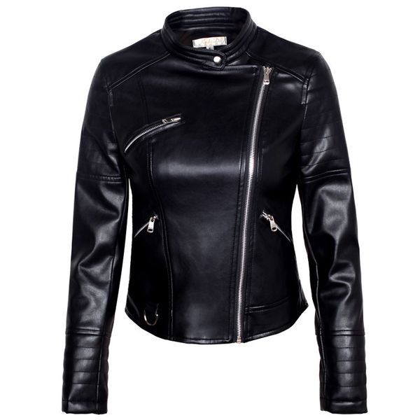 

liva girl women pu leather short slim jacket mandarin collar zipper coat female outerwear new fashion jacke, Black