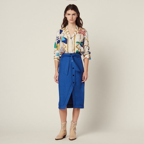 

2019 new women blue pencil skirt office lady split midi skirt with belt, Black