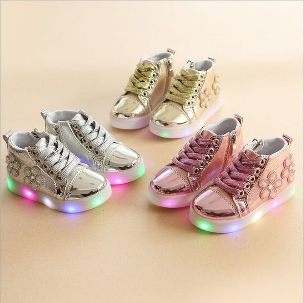 

fashion casual led lighted children's shoes crystal flower luminous soft bottom baby girl sports shoes leather toddler sneakers, Black;red