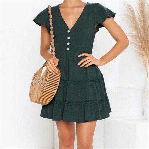 

summer women deep v neck single-dreasted beach dresses 2019 fashion short sleeve green casual ruffles mini pleated sundress, Black;gray