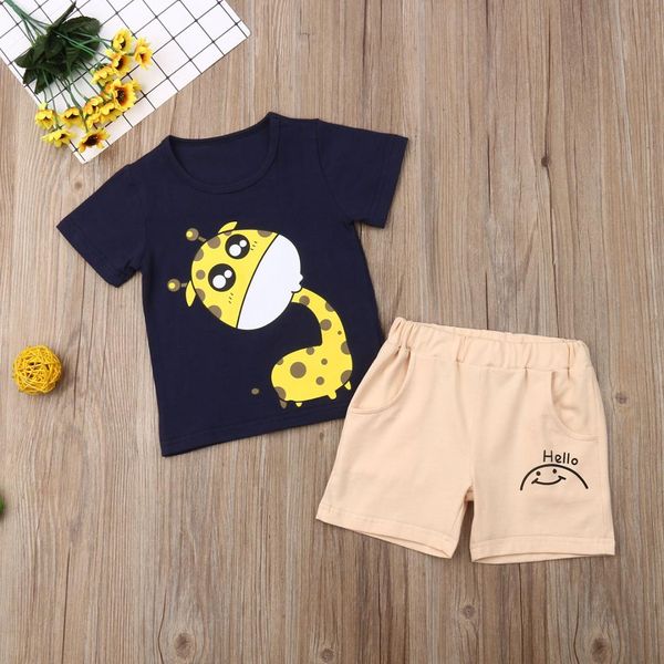 

fashion kids toddler baby boy clothes giraffe print t-shirt + shorts outfit 2pieces clothes sets, White
