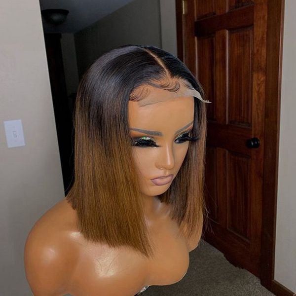 

13x4 lace wigs human hair wigs for black women colored lace front bob short wig human hair straight remy ombre wig, Black;brown