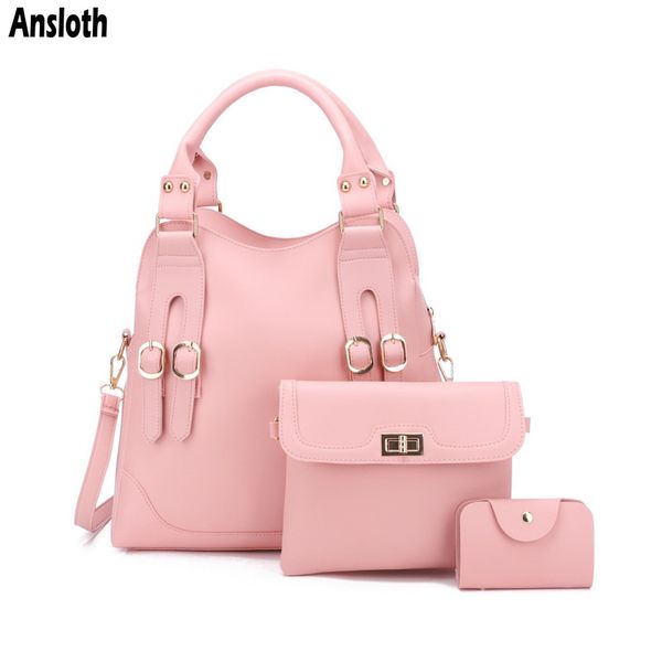 

ansloth fashion 3 set bag women bag quality pu leather handbag lady soild color shoulder and wallet female tote hps828