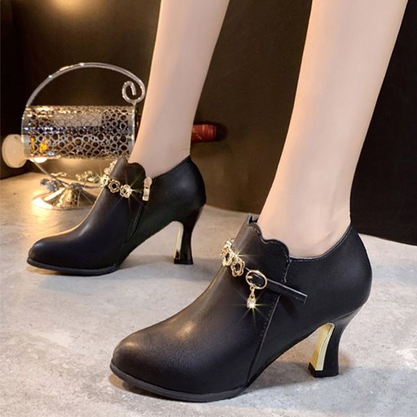 

women autumn zipper metal chain pumps woman thin high heels pointed toe female fashion shoes women's pu leather elegant shoes, Black