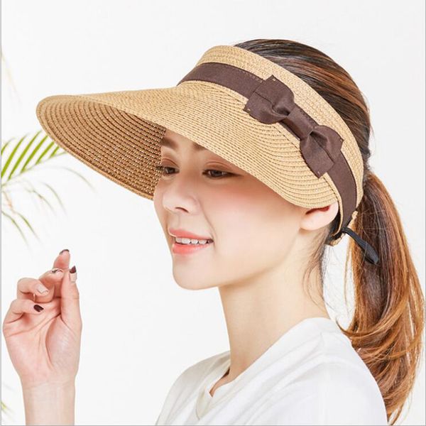 Summer Hats for Women Sun Visor Straw Hat with Ribbon Bow Foldable Beach Sunshade Outdoor Travel