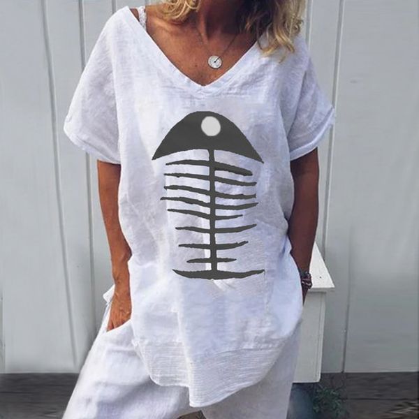 

2019 summer women tee shirt fish bone print loose casual blouse shirt linen short sleeve v-neck female tee, White