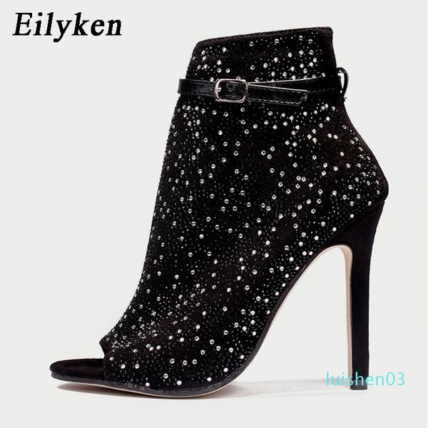 

eilyken 2020 new women crystal sandals ankle straps buckle transparent cover heel pumps ladies sandals party shoes size 35-43 l03, Black
