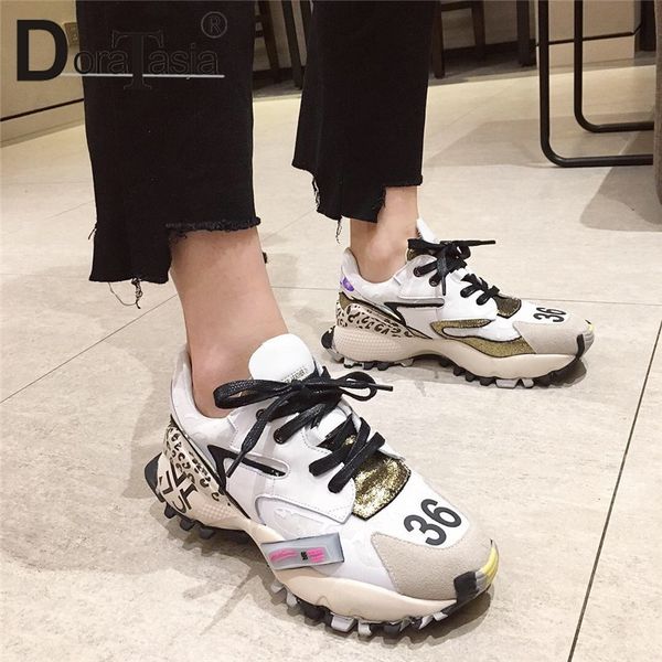 

doratasia 2019 spring new ins patchwork sneakers women split leather girl fashion platform shoes women casual shoes woman, Black