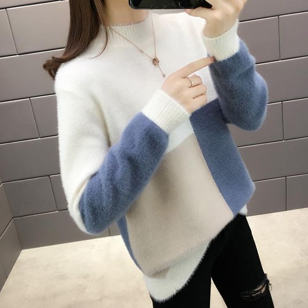 

women's loose sweaters autumn and winter 2019 new women's knitted bottom shirt with coloured mink-like fur and long sleeves, White;black