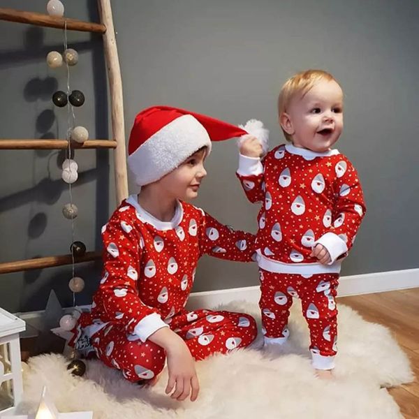 

toddler kid baby girl male santa cartoon print long sleeve t-shirt + pants christmas pajamas family children pajamas set, White