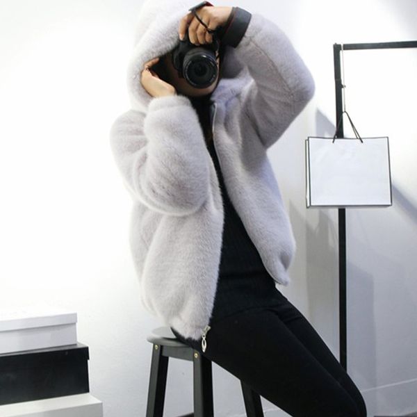 

women solid faux mink hooded coat autumn winter long sleeve faux fur jacket women zipper warm fur outwear, Black