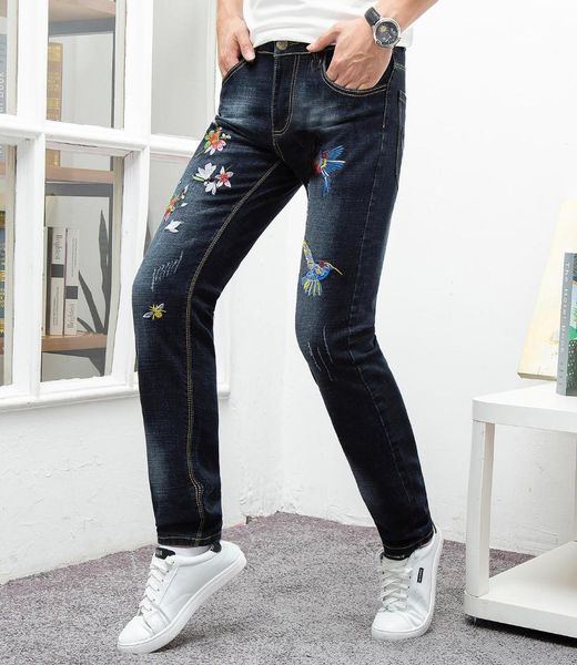 

2019 men brand embroidery jeans fashion casual slim fit straight skinny jeans men's black trousers homme denim jean, Blue