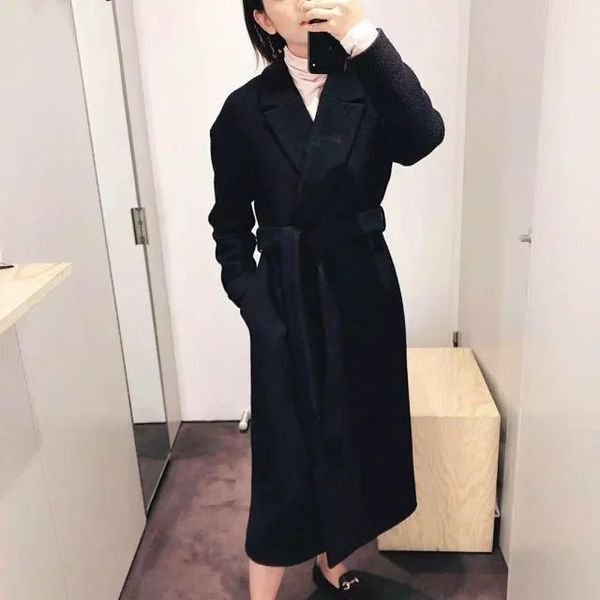 

women trench 2019 autumn and winter new navy blue belt woolen coat, Black