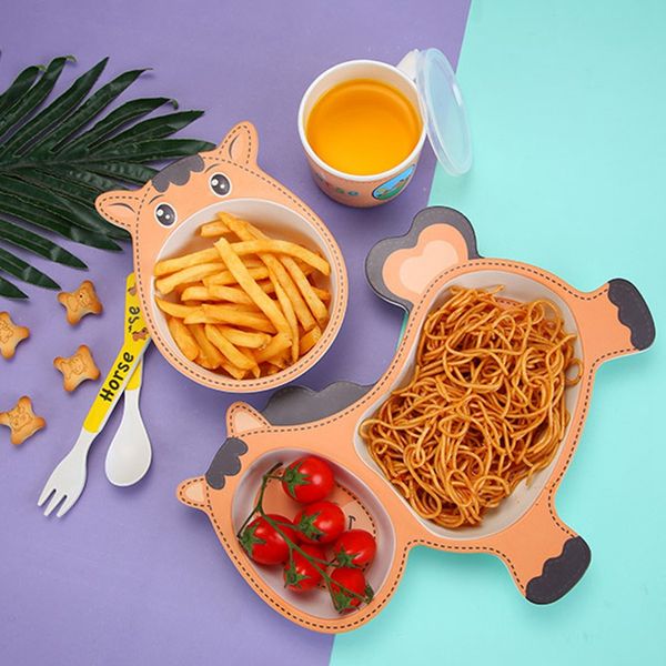 

baby tableware cartoon children feeding dishes kids dish bamboo fiber dinnerware set with bowl fork cup spoon plate 5pcs