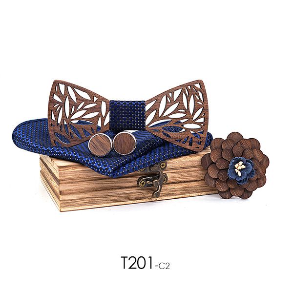 

wooden bow tie handkerchief set men's plaid bowtie wood hollow carved cut out floral design and box fashion novelty ties, Blue;white