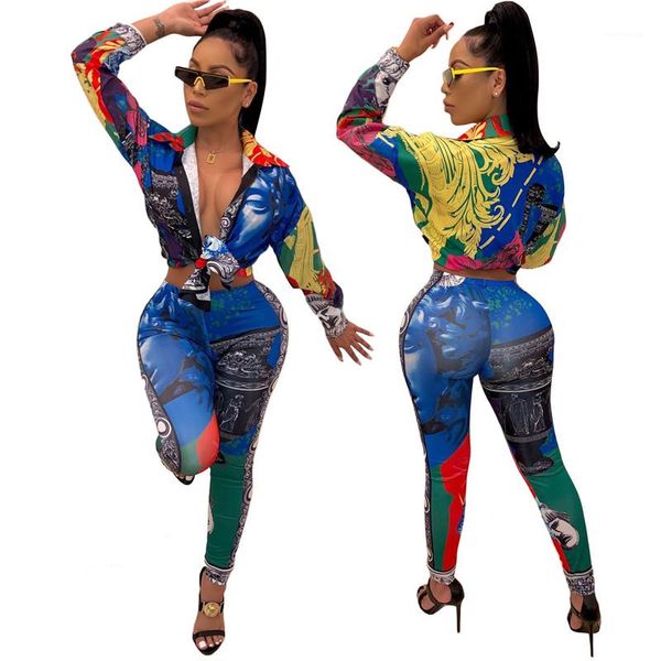 

women two piece pants women two piece outfits designer figure sculpture printed two piece set fashion, White