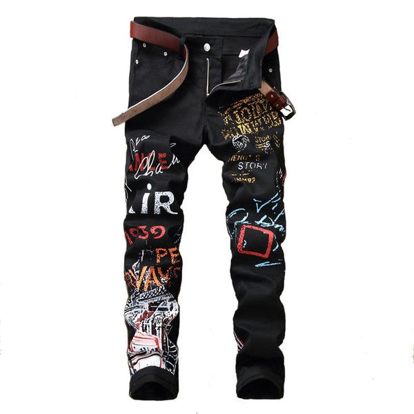 

autumn men's designer jeans ripped hole designer trousers pattern fashion straight denim pants mid zipper fly long jeans, Blue
