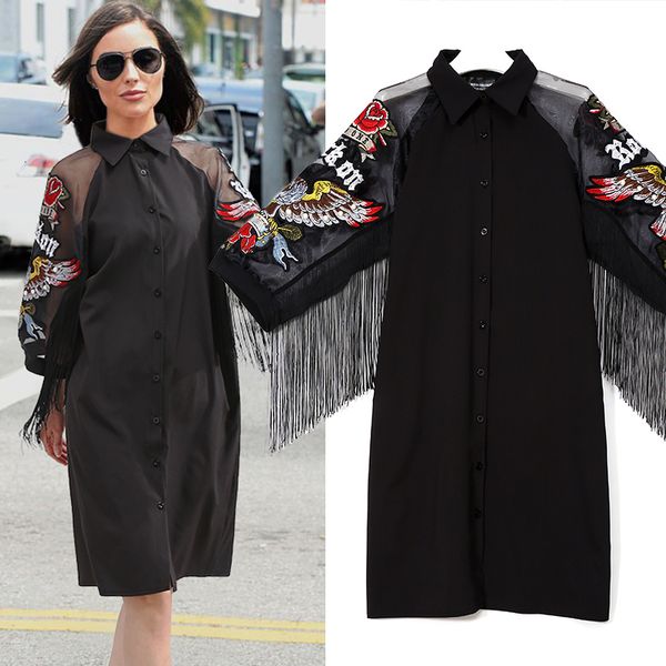 

womens dresses plus size women clothing 2019 women black shirt dress 3 mesh sleeves embroidery lady cute midi party dresses vestidos 3398, Black;gray