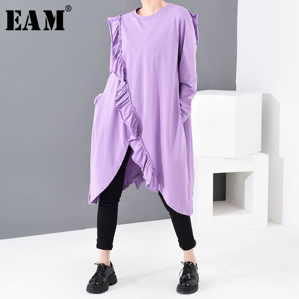 

eam] women ruffles asymmetrical big size long t-shirt new round neck long sleeve fashion tide spring autumn 2020 1n47214, White