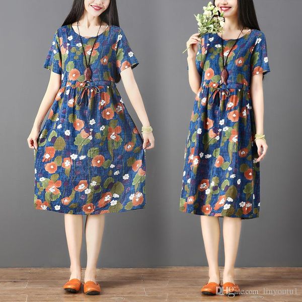 

cotton and linen dress vintage waist drawstring short sleeve dress plus size women casual loose summer dress vestidos, Black;gray