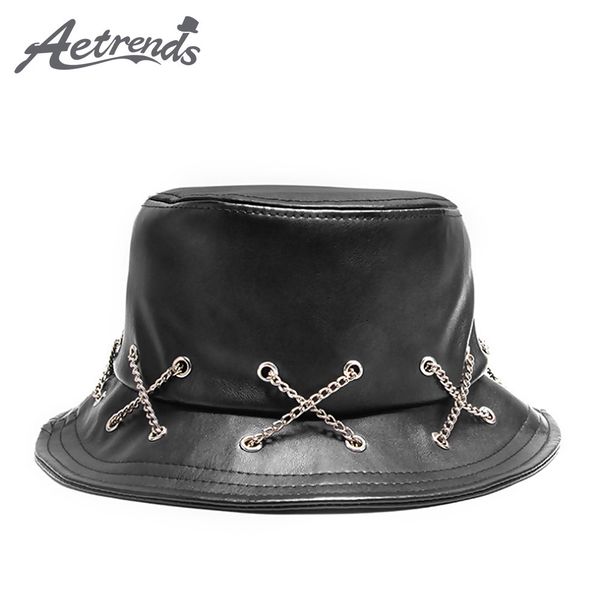 

aetrends] packable black pu leather bucket hat with zipper decoration street wear hiphop style fisherman cap z-10034