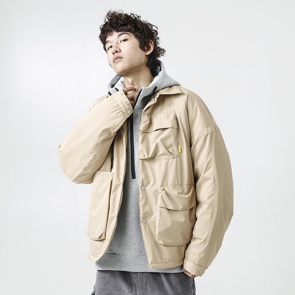 

японский стиль зимняя куртка мужчины отворот куртки согреться утолщение куртка мужчины с капюшоном свободные пиджаки хаки черный, Black