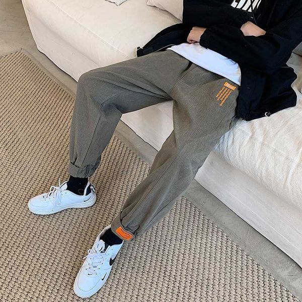 

men's trousers autumn and winter 2019 new slim embroidery tie feet with fleece sport pants loose personality youth men's wear, Black