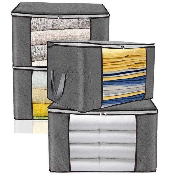 

large clothes storage bag container, foldable storage bag for quilt blanket, quilt handle, 4 pieces in gray