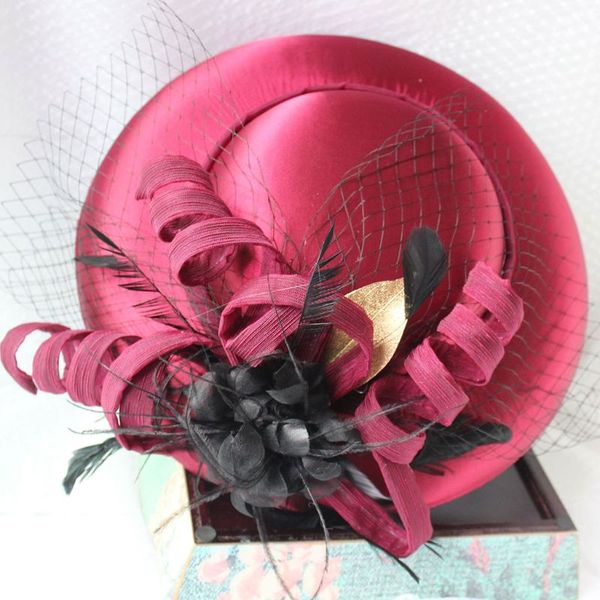 

women fascinators pillbox hat velvet lace jacquard mini feather cap cocktail party mesh ribbon hair clip banquet costume