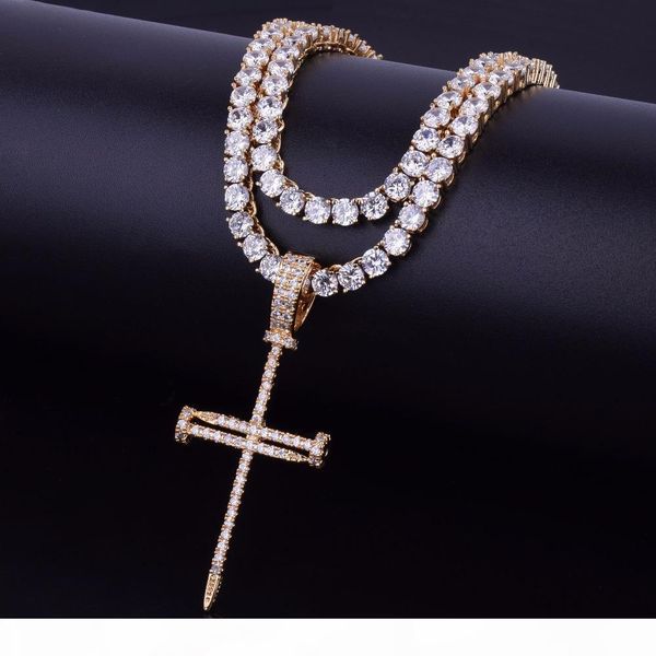 

cubic zircon nail cross pendant with 4mm tennis chain necklace set gold silver color men's hip hop jewelry